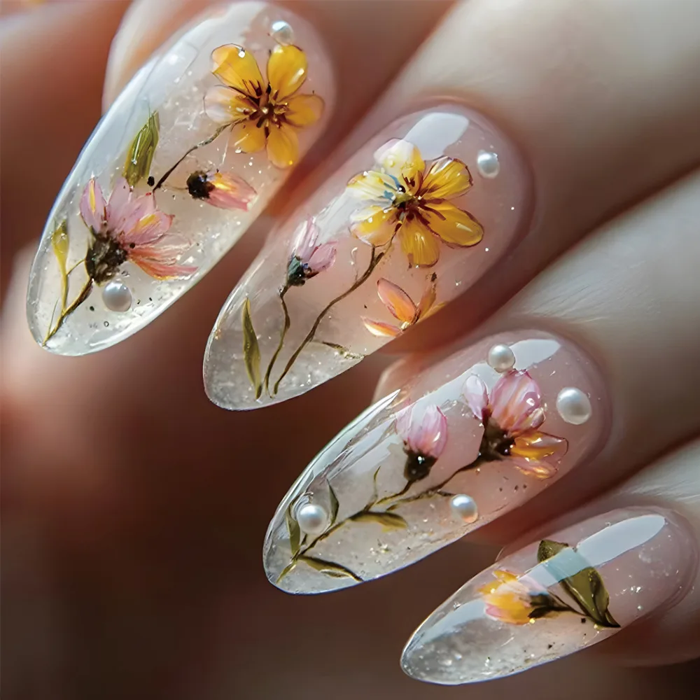 

24pcs Flower Design Stick on Nails Tips Glitter Pearl Decor Press on Nails Art Round Long Almond False Nail Reusable Fake Nail