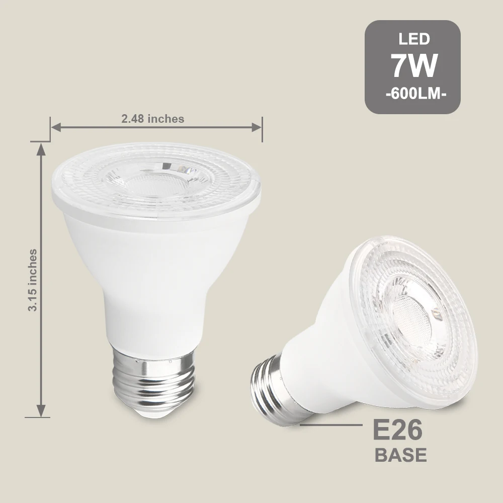 PAR20 Lâmpada de inundação regulável, Lâmpadas LED, holofotes para iluminação embutida, branco quente, ao ar livre, interior, ao ar livre, 7W, 600LM, 6, 10 Pack