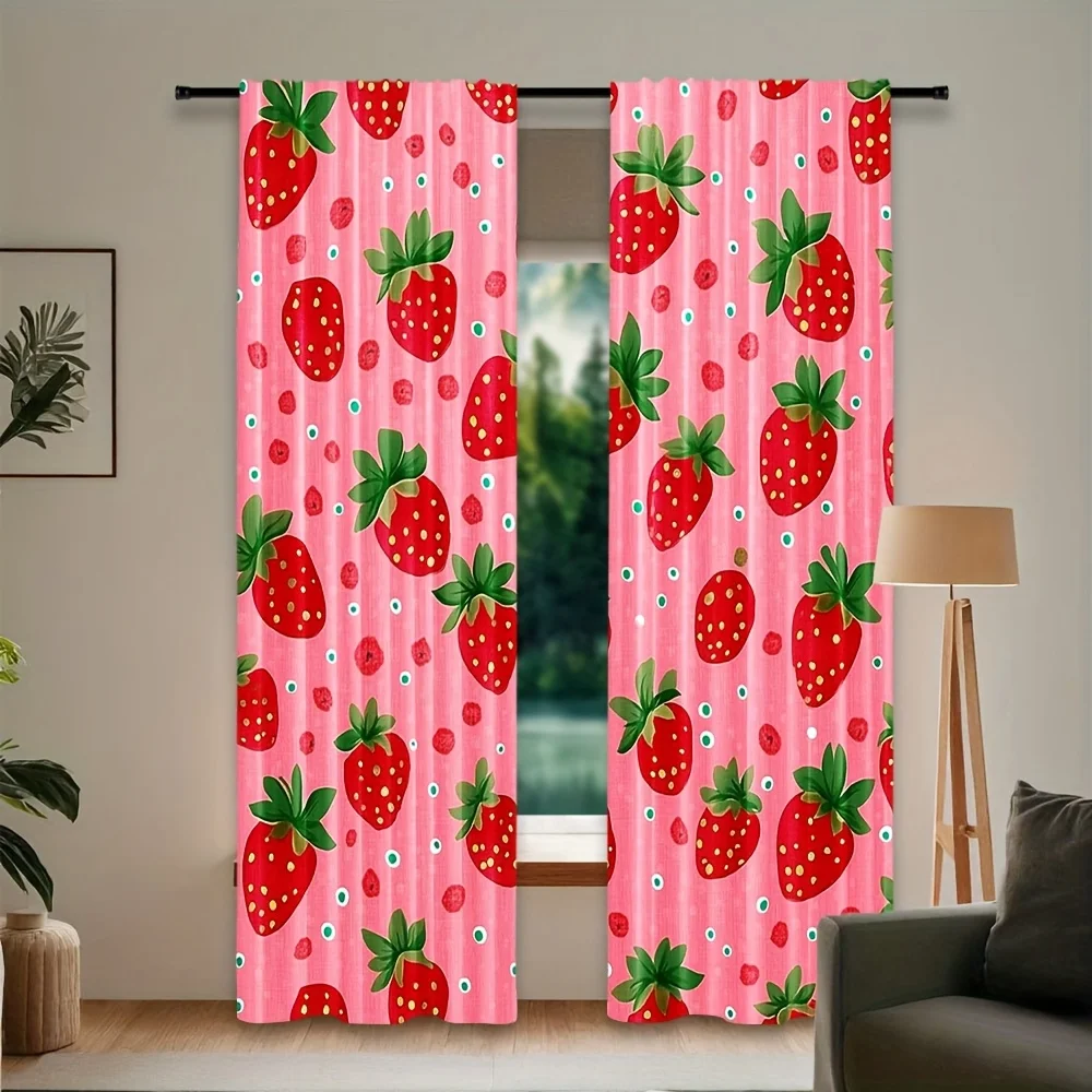 2pcs strawberry pattern pink curtain for kitchen living room bedroom privacy and decor polyester fabric Without curtain rod