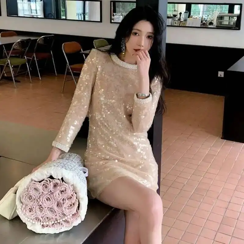 Luxury 2025 Summer Holiday Pearls Sequins Short Dress Women\'s Long Sleve Party Evening Midi Vestidos