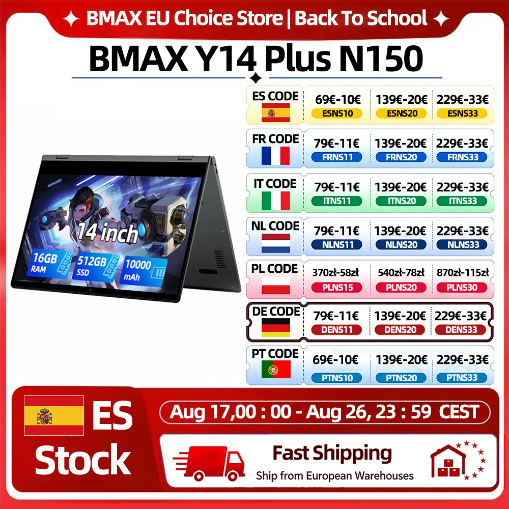 BMAX Y14 Plus Laptop-Computer 14'' IPS FHD Notebook Windows 11 10000mAh Akku 16GB RAM 512GB SSD Intel N150 Laptop USB Typ-C Numerische Tastatur WLAN USB