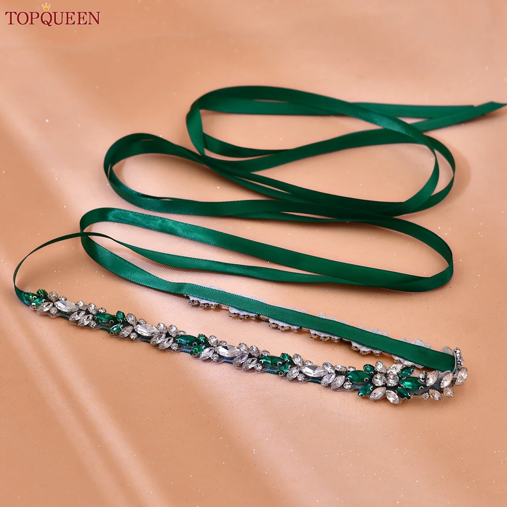 TOPQUEEN Rhinestone Bridal Belt for Wedding Dress Accessories Green Color Crystal Bride Belt Sash Ribbon Bridesmaid Gift S126-KL