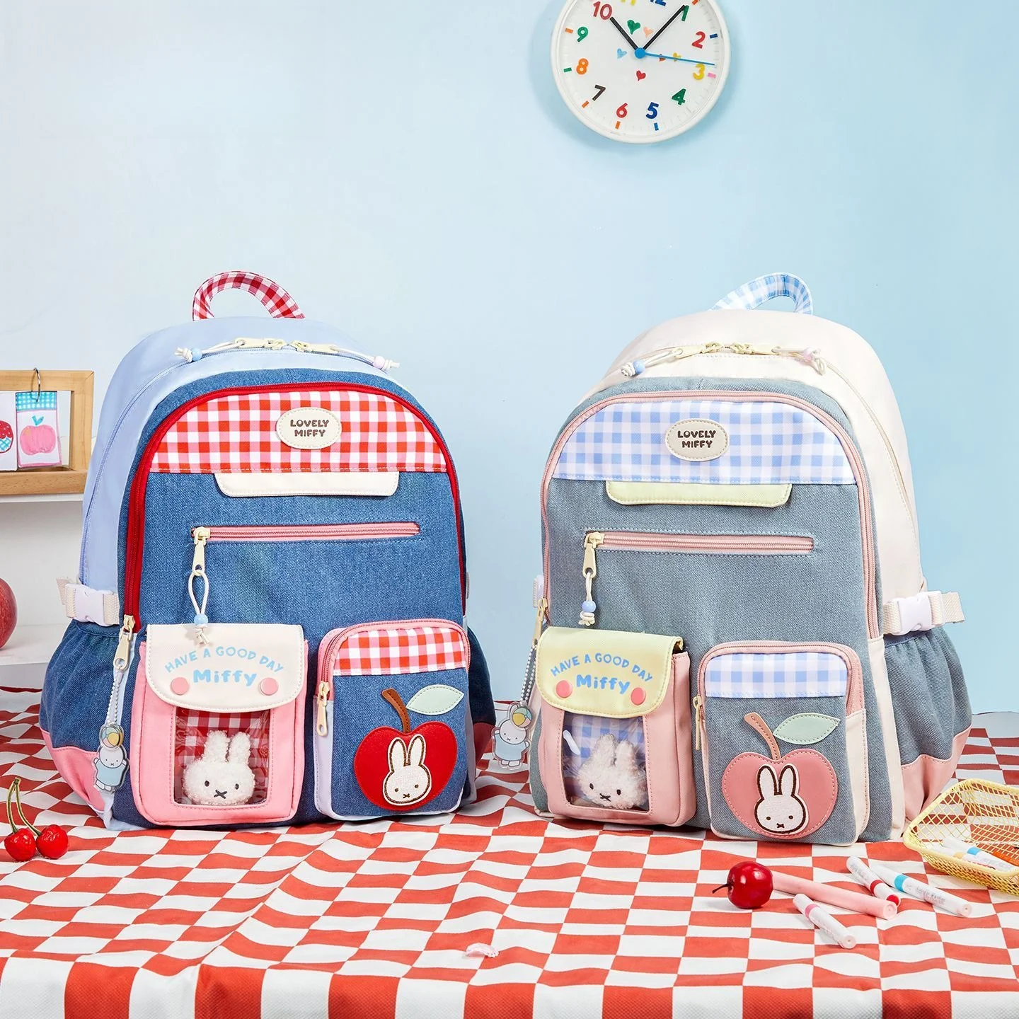 2026 New Plaid Miffy Rabbit Denim Backpack Large Capacity Stain Resistant School Bag Cute Rucksack for Students Campus Daily