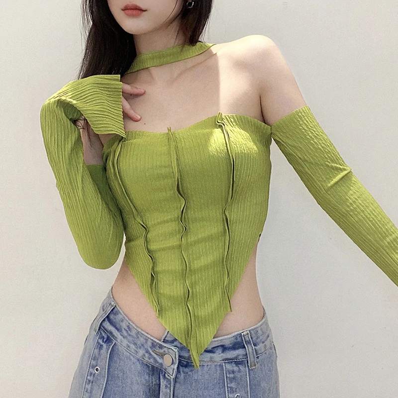 Y2k Women's Sexy Off Shoulder Crop Tops Halter Neck Solid Color Long Sleeve T-Shirt Spring Summer Irregular Hem Tops Streetwear