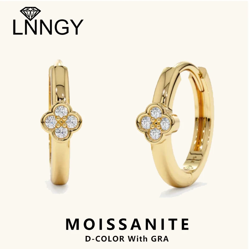 

Lnngy 2MM Moissanite Diamond Earring Oorbellen Zilver 925 Sterling Silver Lucky Clover Hoop Earrings For Women Jewelry Gift