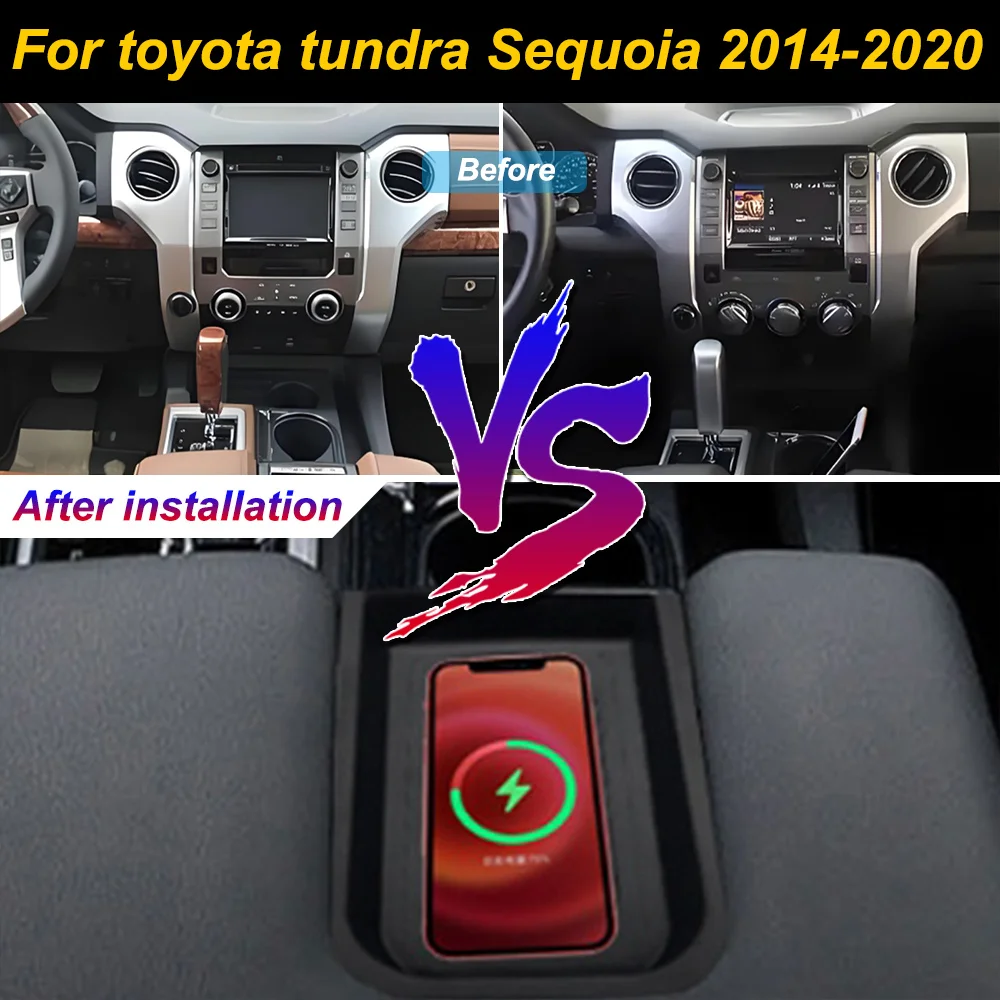 Carregador de celular sem fio 2 Din para Toyota Tundra Sequoia 2014-2020, com suporte para console central e carregamento rápido de 18W.