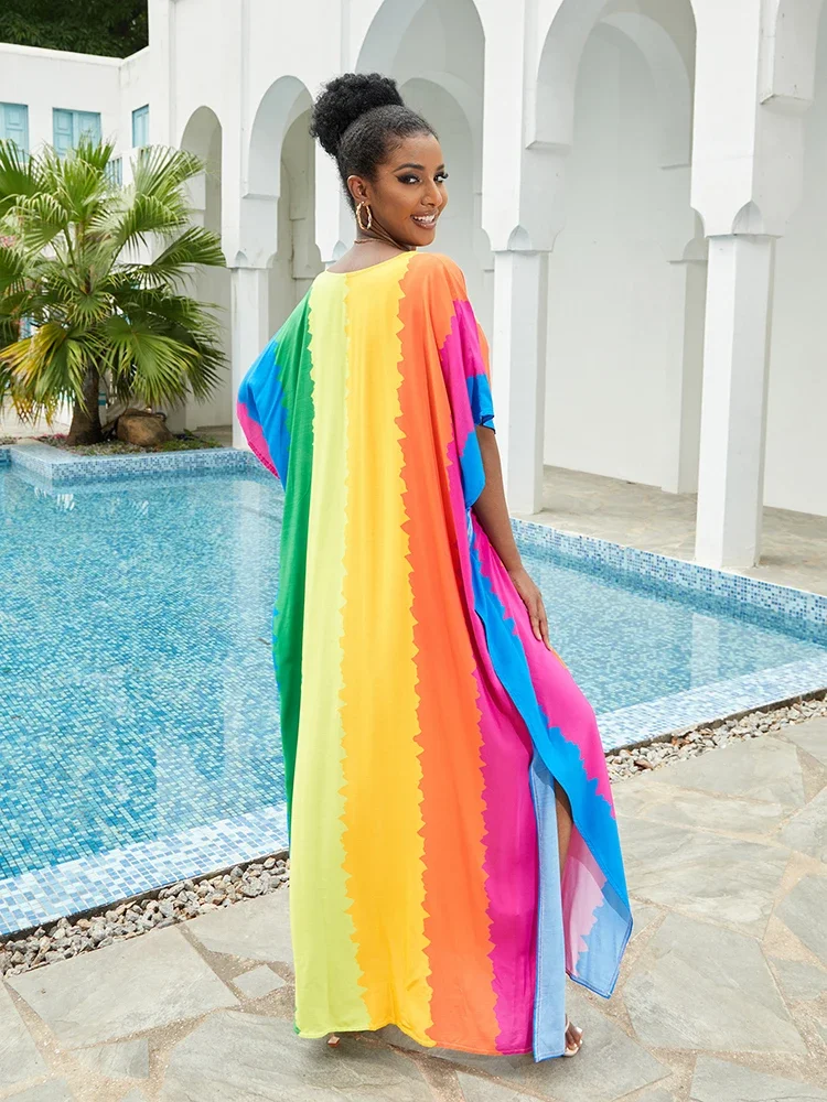 Boho Kaftan Dress for Women Plus size Rayon Robe Rainbow Print Bathing suit Cover up Lightweight Maxi Dress Tunic Beachwear