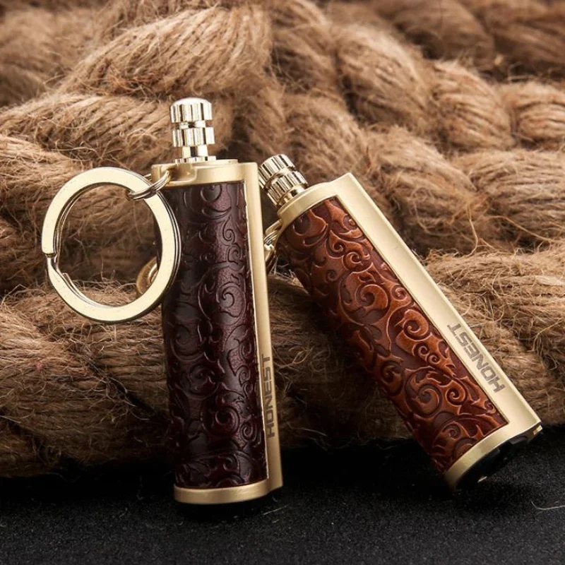 Leather Wrapped Metal Rod Keychain Match Lighter Waterproof Kerosene Oil Lighter 2024