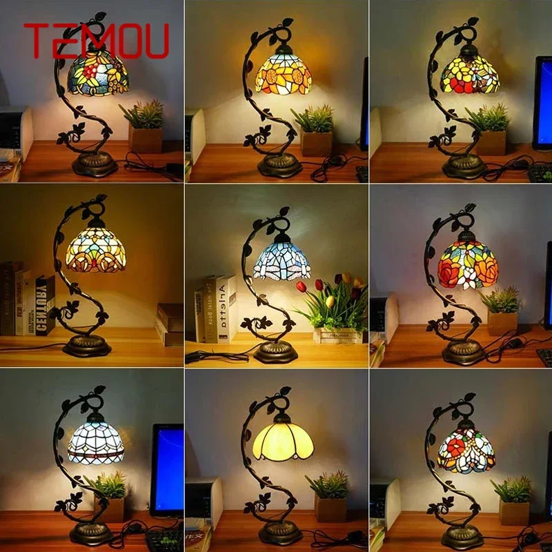 

TEMOU Tiffany Table Lamp American Retro Living Room Bedroom Lamp Luxurious Villa Hotel Stained Glass Desk Lamp