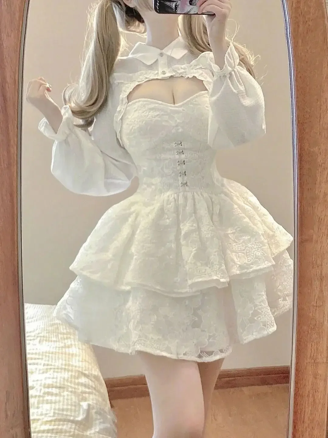 2025 Cascading Ruffl Long Sleeve Spring Fairy Skirt Kawaii Lolita Lace Dress for Women Straps Party Quinceanera Dresses dsgfrf3