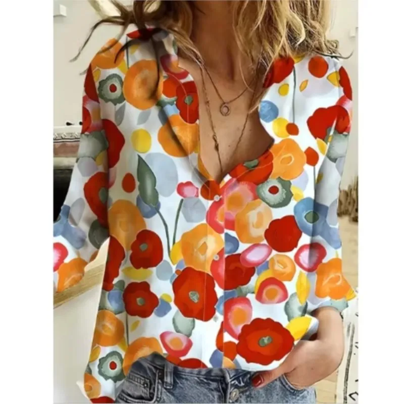 2024 Women\'s New 3d Christmas Printed Long Sleeve Shirts Elegant Lapel Long Sleeve Top Winter Spring Single-Breasted Basic Shirt