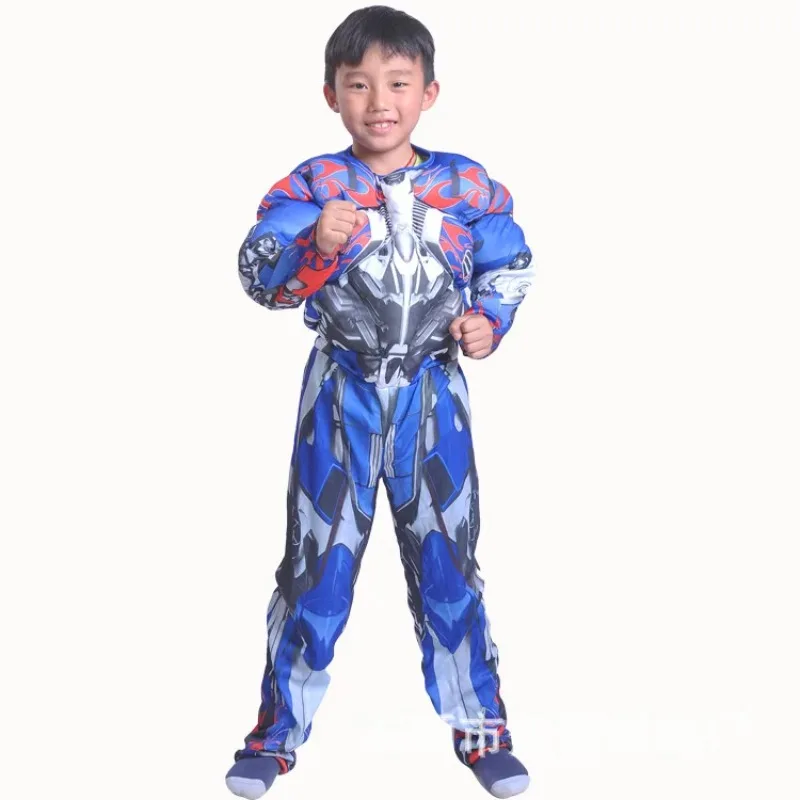 Movie Superhero Optimus Prime Bumblebee Muscle Cosplay Costume Children Mask Bodysuits Full Set Kids Carnival Halloween Clothes