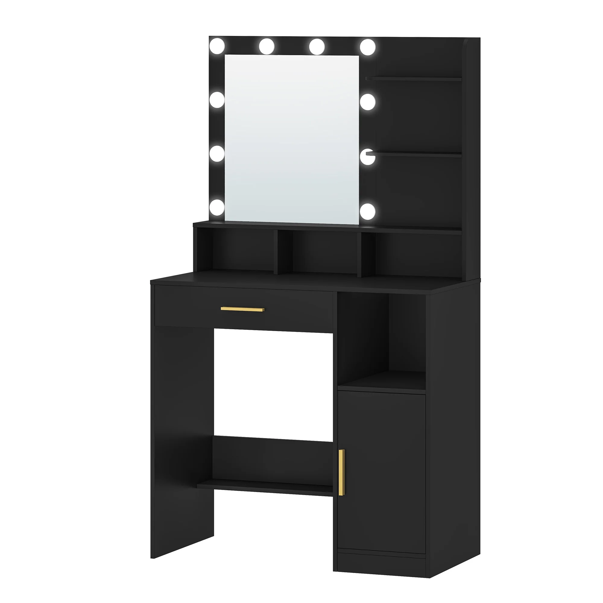 Hzuaneri kaptafel met spiegel en 10 LED-verlichting, make-up met 3 planken en 4 open vakken, met grote lade