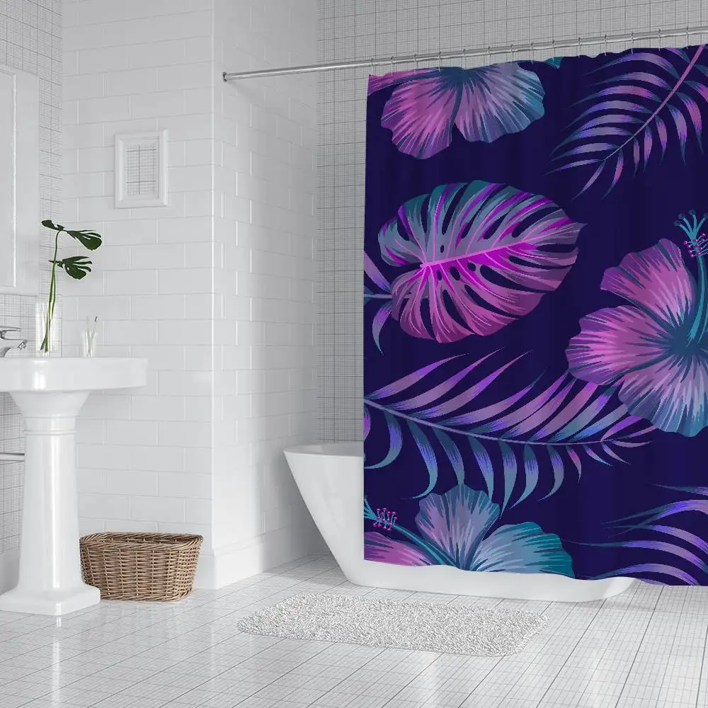 

Tropical Plant Pattern Print Bathroom Curtain Classic Fabric Shower Curtain With 12 Hooks Waterproof Bathroom Decor