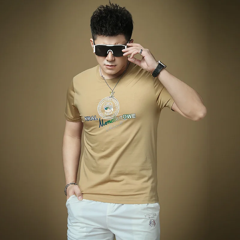 

Ice Silk Slim Fit T-irt ort Sve Thin Summer Faion Brand Heat Transfer Diamond Print Youth ular round Ne Knitted...