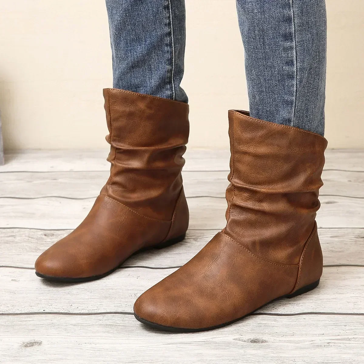 Women Leather Boots Slip on Short Boots Fashion Pleated Round Toe Autumn  Solid Color Abkle Boots Flat Booties Botas Mujer 2024