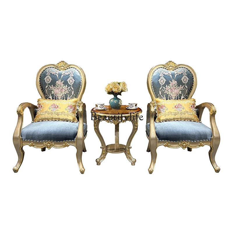 

French fabric embroidered leisure chair, European luxury living room carved solid wood chair