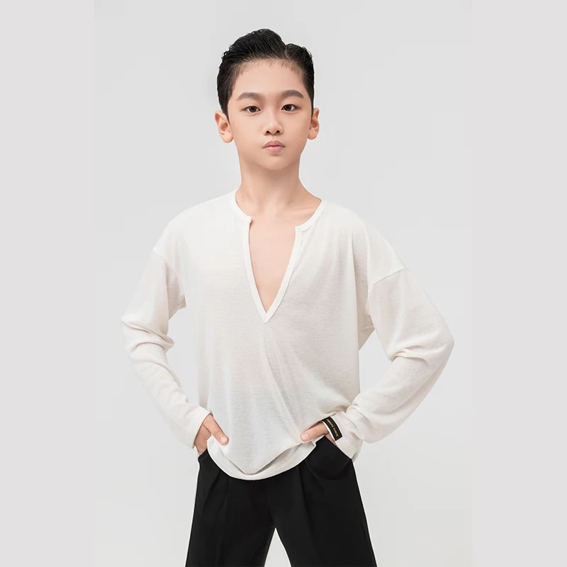 

Детская одежда для современных танцев, топы для латинских танцев с v-образным вырезом для мальчиков, белая рубашка для бальных танцев, детская одежда для выступлений, SL11510