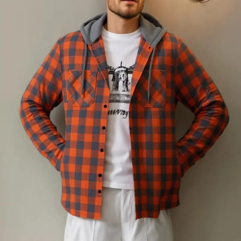 Men Checked Button Down Shirt Long Sleeve Drawstring Hoodie Overshirt Casual Loose Cardigan Outwear with Pocket 6XDA