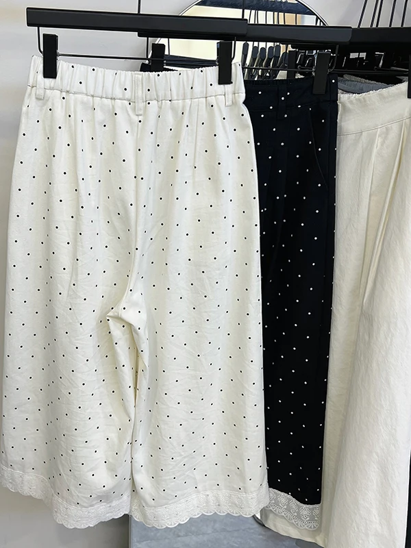 

Повседневные широкие брюки на семь футов с кружевным лоскутным шитьем в маленький горошек, большие размеры, женские свободные брюки из смеси хлопка с эластичной резинкой на талии...