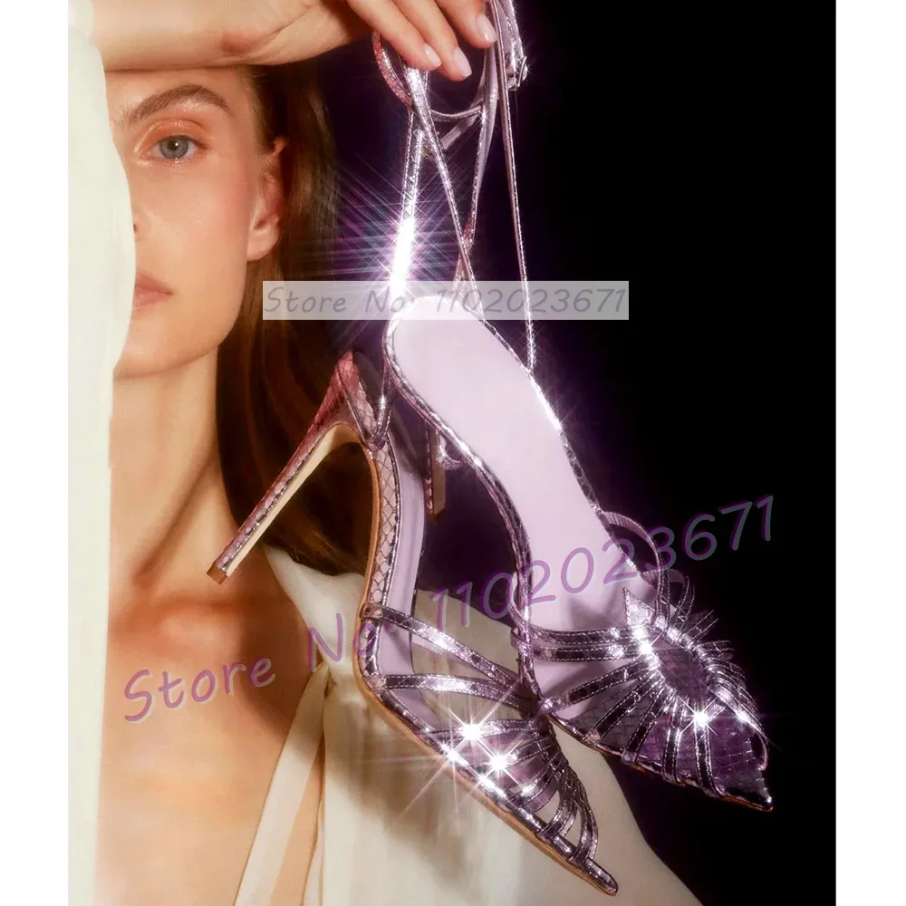 

Metallic Purple Pointy Peep Toe Sandals Women Luxury Cage-like High Heels Shoes Ladies Summer Sparkly Slender Cross Strap Shoes