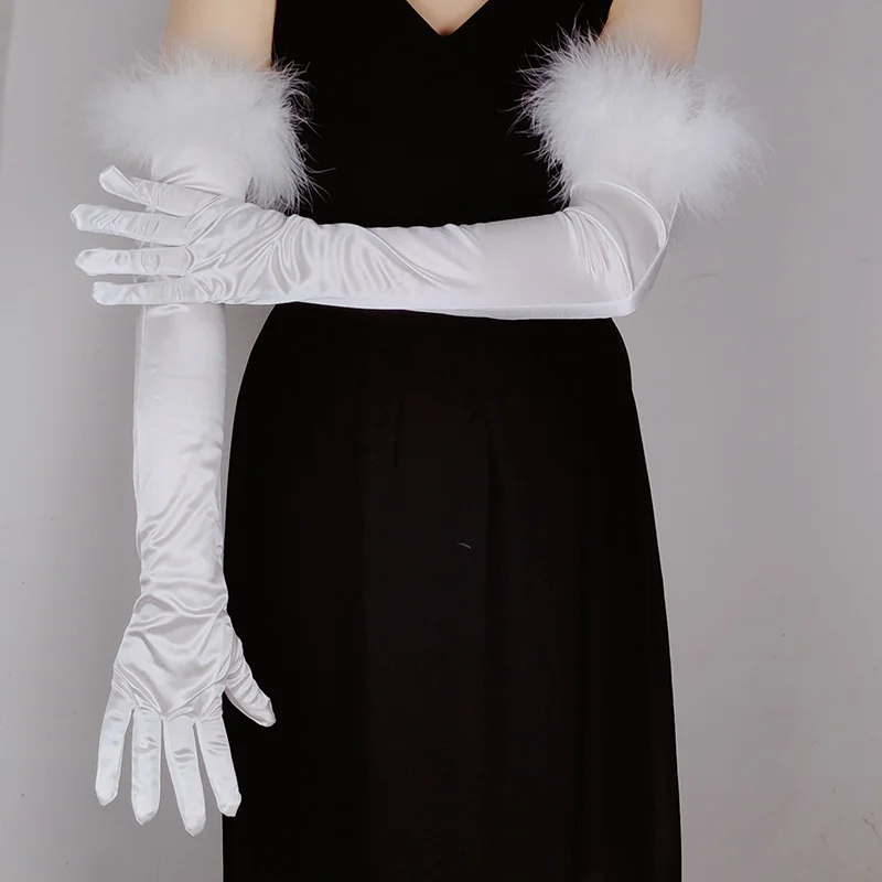 Women Cuff Feather Satin Spandex Elastic Long Full Finger Wedding Etiquette Dress Glove Makeup Party Perform Dance Mitten E43
