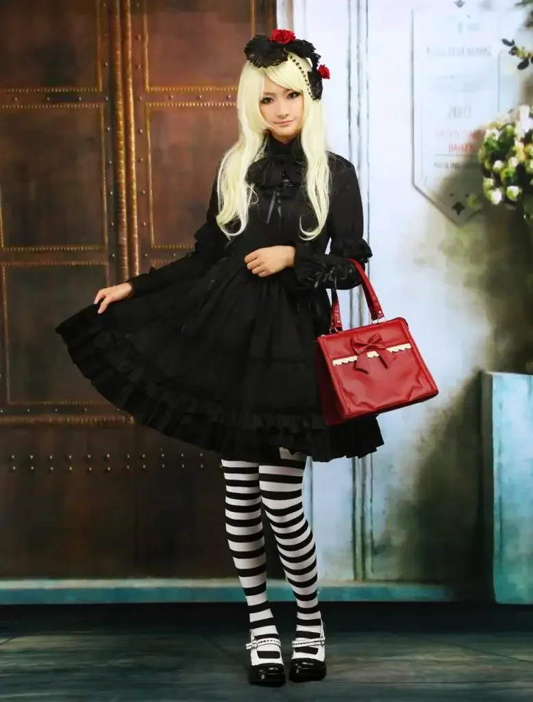 Womens Gothic Style Black Cotton Long Sleeves Court Lolita Dress Party Halloween