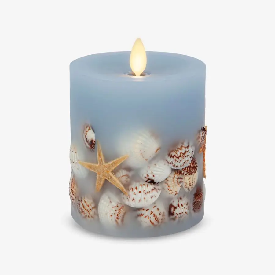 

Flameless LED Candle Soft Chambray Embedded Seashell amp Starfish Moving Flame Pillar Unscented Real Wax with Recessed Edge 4.5i