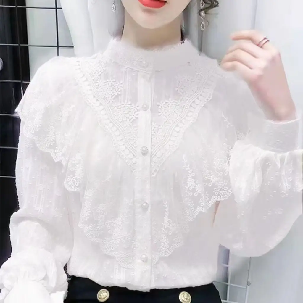 Korean Women Embroidery Blouse Stand Collar Long Sleeves Short Open Stitch Lace Shirt Office Lady Mesh Patchwork Top T779