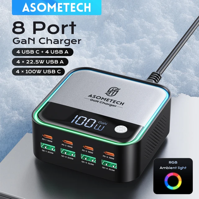 8-portowa szybka ładowarka GaN USB C z wyświetlaczem LED 4-portowa stacja ładująca typu C PD 100W SCP 22,5W do tabletu IPhone 15 Samsung Macbook