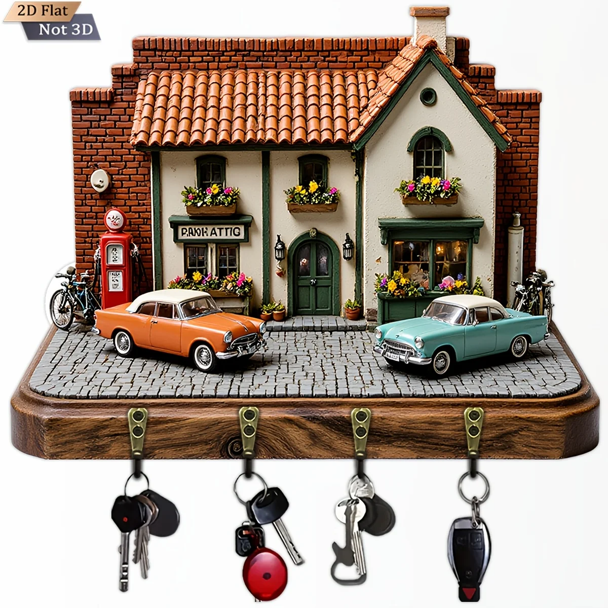 2D Flat, 1pc, Tropical Cabin Key Hook Wooden Multifunctional Home Key Holder with Four Metal Hooks, Wall Decoration, Porch