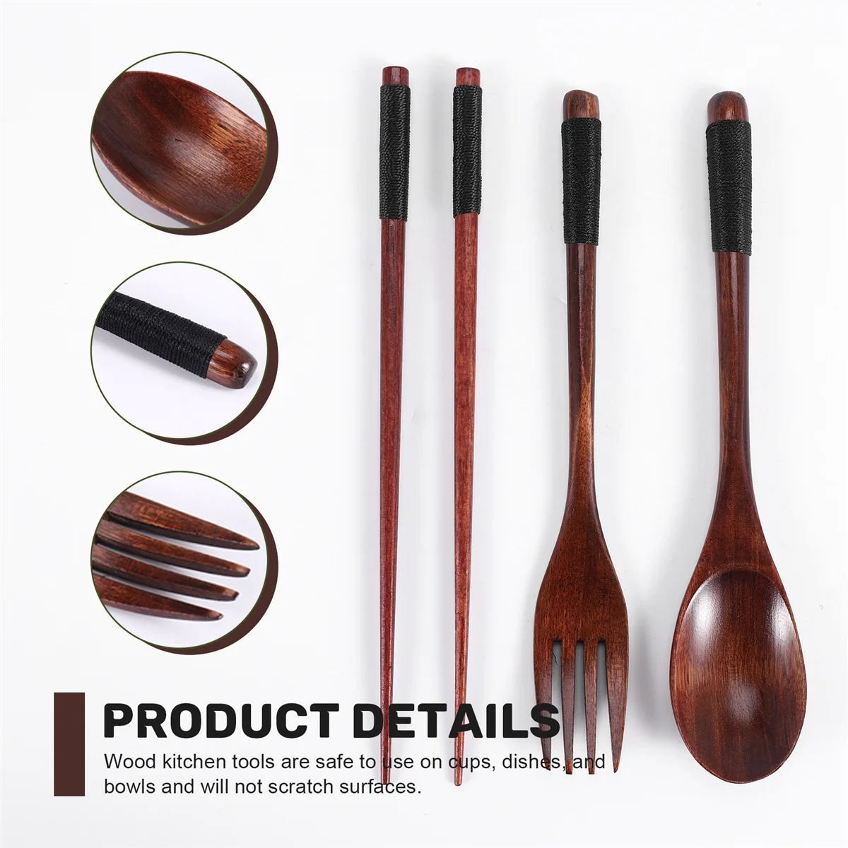 

WFF Wooden Flatware Set, Wooden Portable Set Chopsticks Spoon Fork Tableware Dinnerware with Black Twining Thread