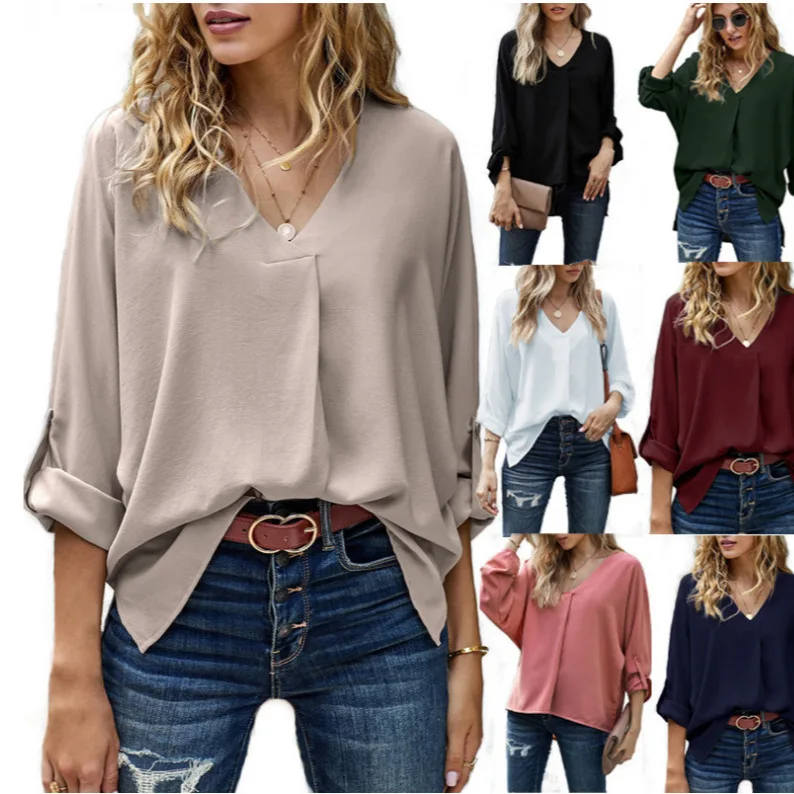 

Top Blouse Women Casual V Neck Batwing Sleeve Solid Color Button Loose Pullover Shirt Tops Female Spring Summer 2025 Office Lady