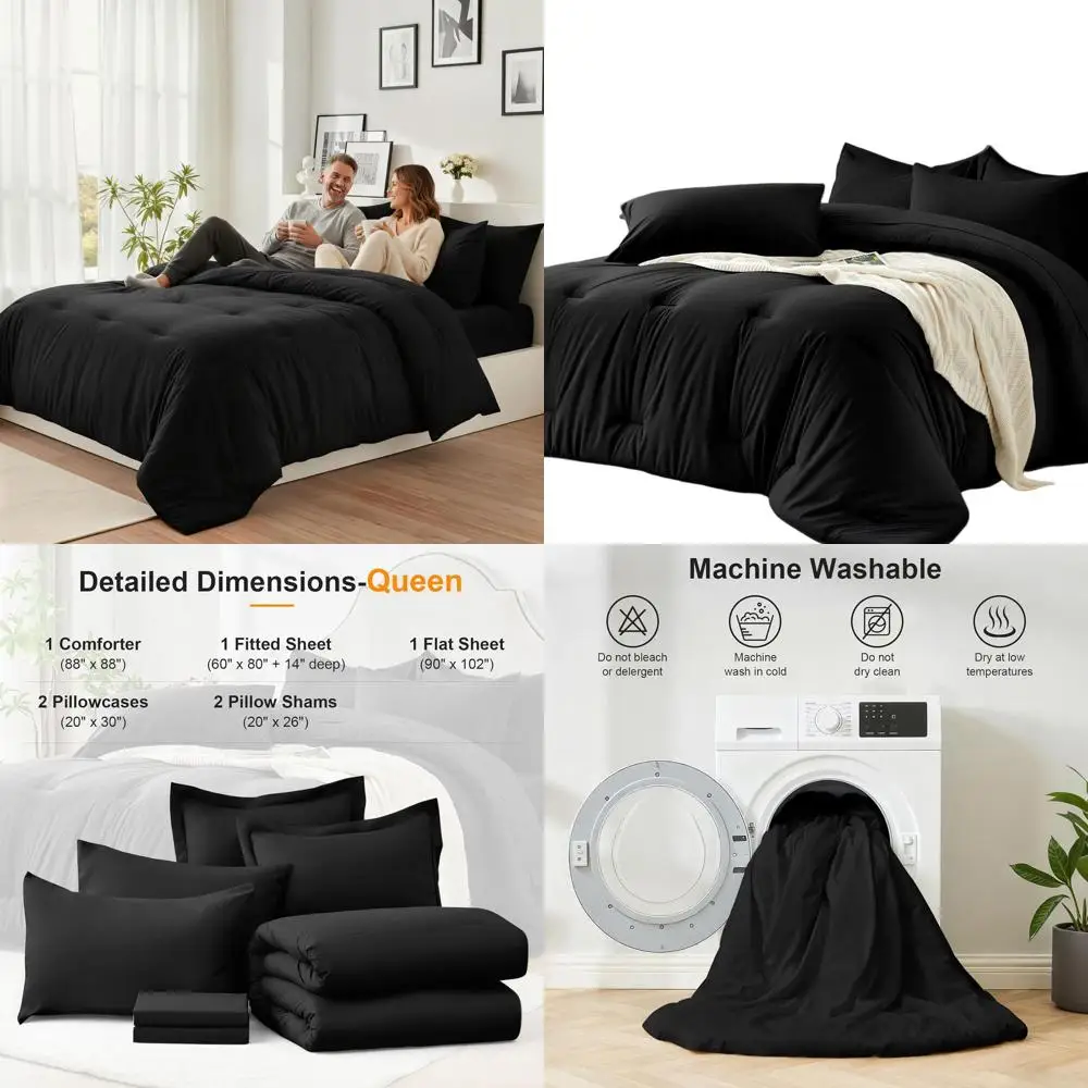 

Luxurious 7-Piece Black Queen Comforter Set with Cozy Down-Alternative Bedding, Includes Flat and Fitted Sheets, 2 Pillowcases,