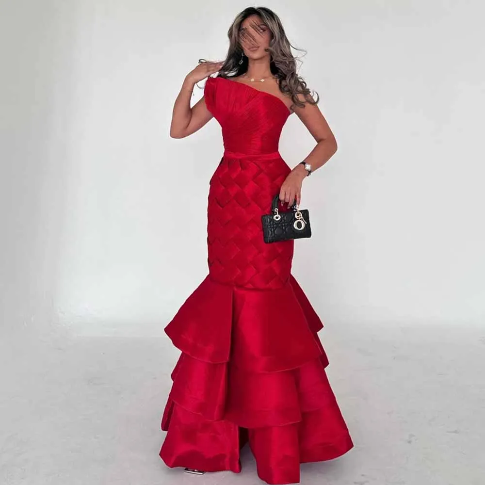 

Exquisite Prom Dresses for Ladies Satin Mermaid/Trumpet Formal Evening Dress Red One-shoulder Criss-Cross Tiered Party Dress