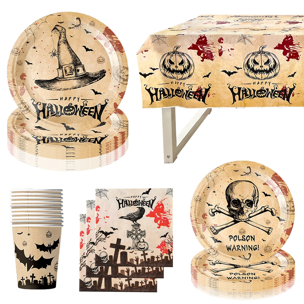 Retro Halloween Theme Party Disposable Tableware Set Skull Pumpkin Witch Paper Plates Cups Tablecloth Home Party Decors Supplies