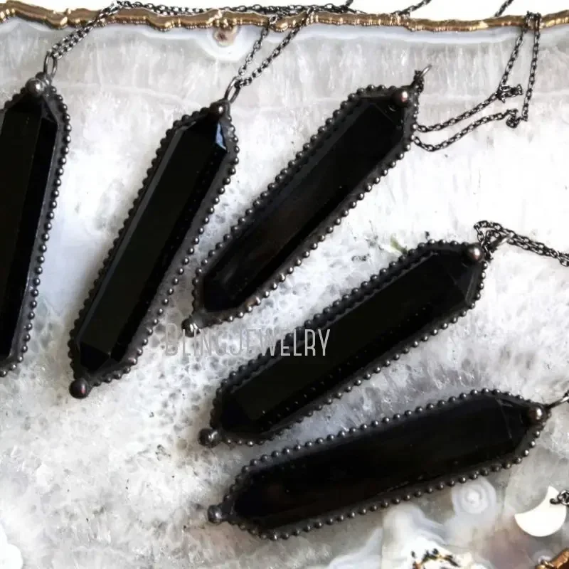 10pcs Large Black Obsidian Crystal Collar Arcane Necklace Witch Pendulum Goth Stainless Steel Women Steampunk Emo Y2K Jewelry