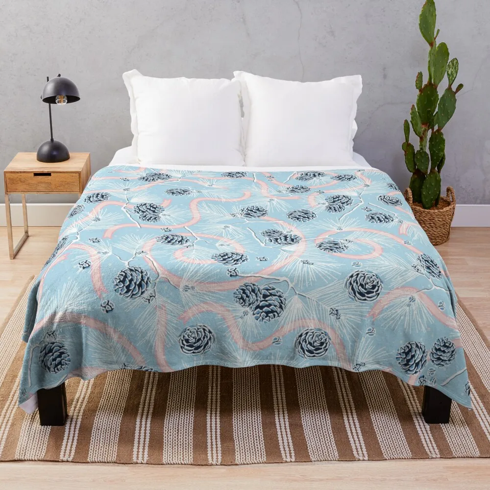 

Spruce cones and festive ribbons on light blue background Throw Blanket Flannels Single Blankets