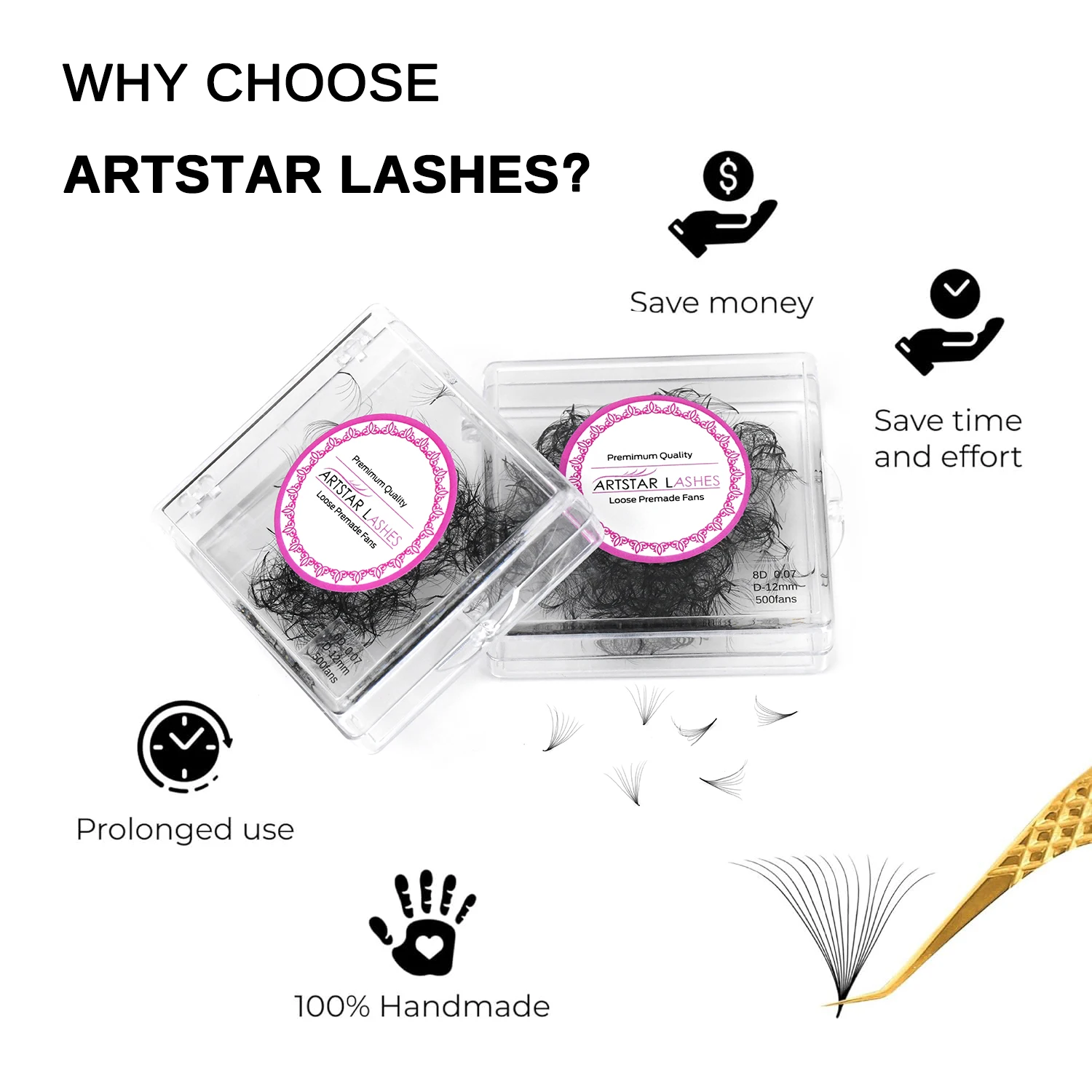 ARTSTAR LASHES  500 Fans Premade Volum Loose Fans Lashes 4D 5D 6D 8D 10D Pointy Base Premade Medium Stem Sharp Thin Lash