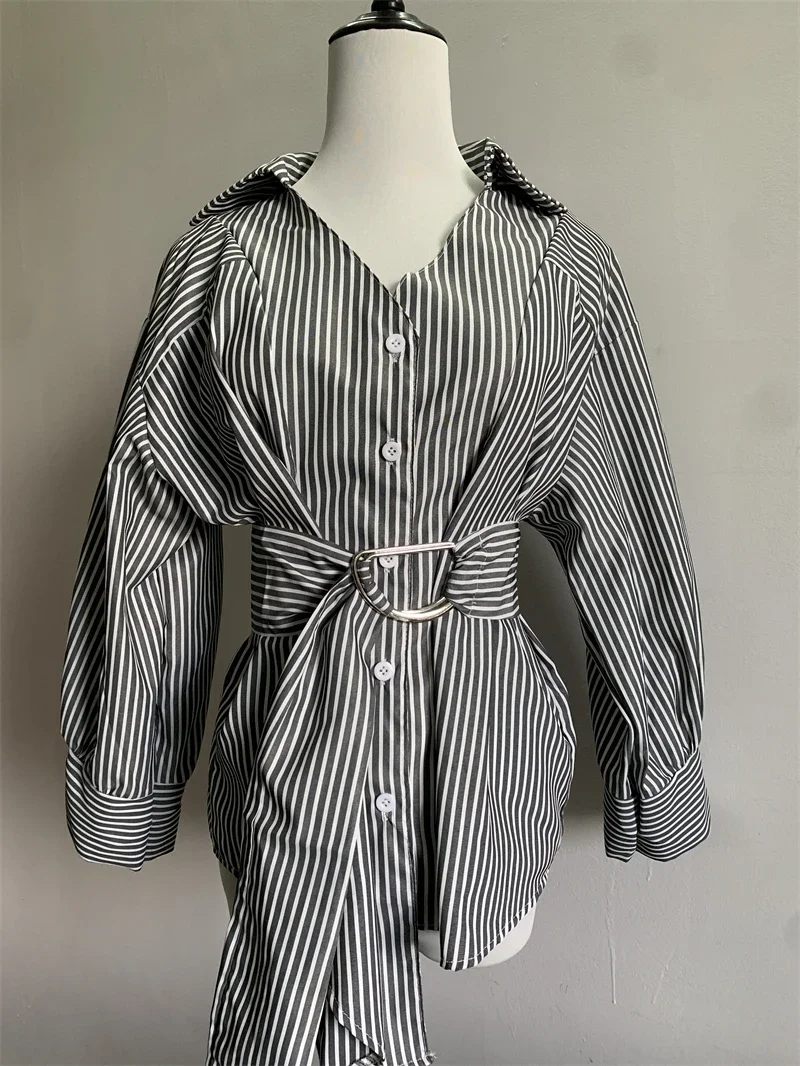 Striped Print Fashion Women Irregular Long Shirts Spring Long Sleeve Belted Female Shirt Casual Loose Button Up Shirts 여성 셔츠