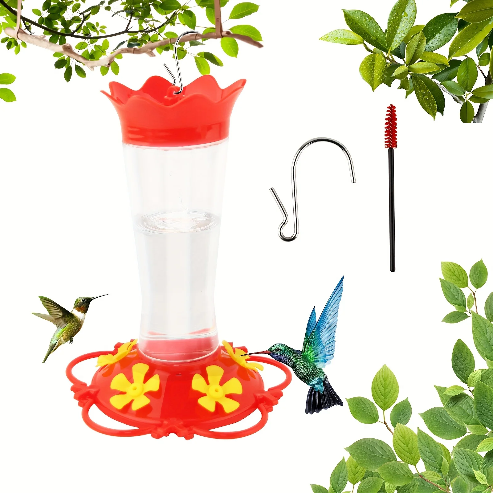 1PC 2024 New Hummingbird Feeders for Outdoors Hanging Ant and Bee Proof,Humming Birds Feeders for Outside, 13.5OZ Red Plastic Fl