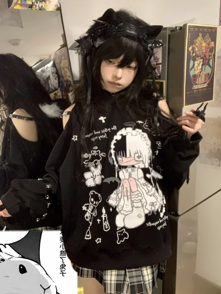 Original Japanese Subculture Black Off-the-shoulder Hooded Hoodies Autumn New 2025 Girl's Anime Print Kawaii Tops Y2k Pullover
