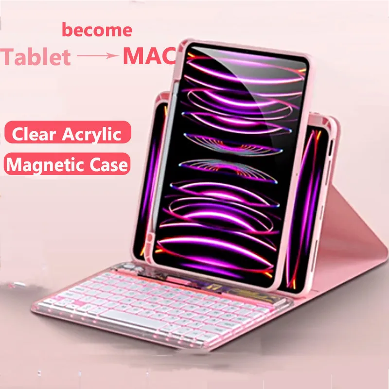 720 Rotation Backlit Keyboard Case for Air 11 Inch 2024 Air2 1 9.7 Pro 11 Air5 4 10th 10.9 10.2 9th 8th 7th Acrylic Casing Cover