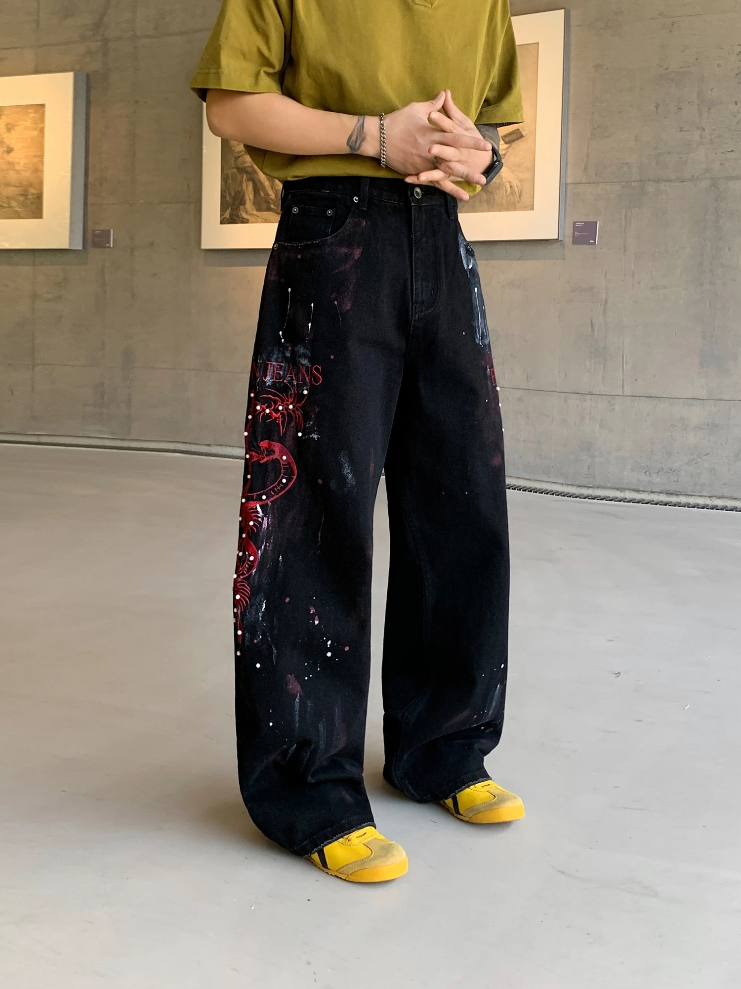 

American Heavyweight Red Snake Embroidery Black Jeans Men's Street Loose Straight Leg Dyeing Wide Leg Pants Fashion Urban Style