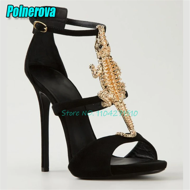 

Black Velvet Open Toe Stiletto Sandals for Women Luxury Metal Crocodile Ankle Strap Thin High Heels Fashion Party Wedding Shoes