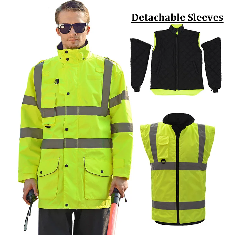 

SFVest High Visibility EN20471 ANSI 107 Reflective Safety Winter Jacket Men Removable Detachable 7 In 1 Parka Jacket Free Post