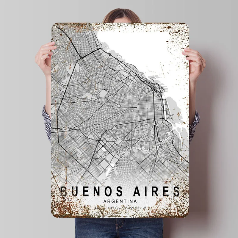 Buenos Aires Light City Map Tinplate Sign Map Poster Vintage Home Decor Items Custom Metal Signs for Wall Art Decoration Plates