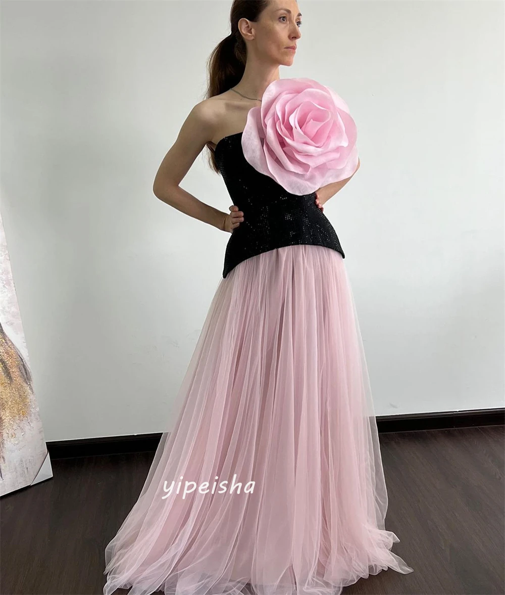 Prom Dress Galajurk Saudi Arabië Klassieke Moderne Stijl Formele Avond Strapless A-Lijn Bloemen Tule Op Maat Gemaakte Gelegenheid Jurken