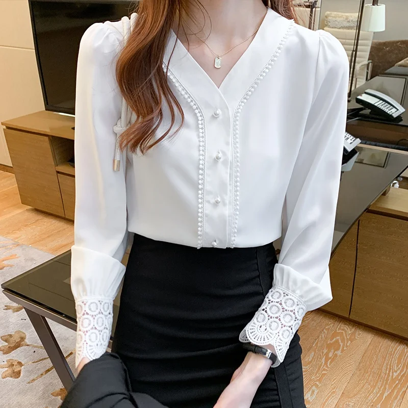 

Women Blouse V-neck Chiffon Shirt Loose Long Sleeve Shirt Top Women Clothing Blusas Mujer De Moda 2022