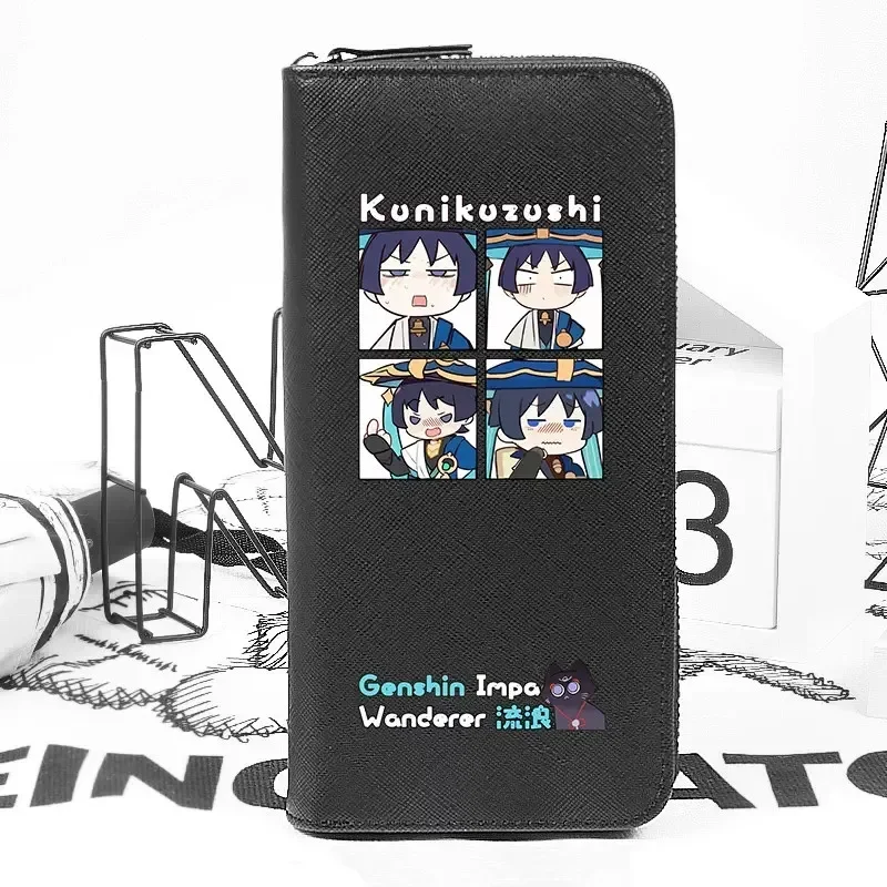 Anime genshin impacto preto moeda bolsa scaramouche cosplay carteira dobrável para homens mulheres couro do plutônio longo curto moda carteiras
